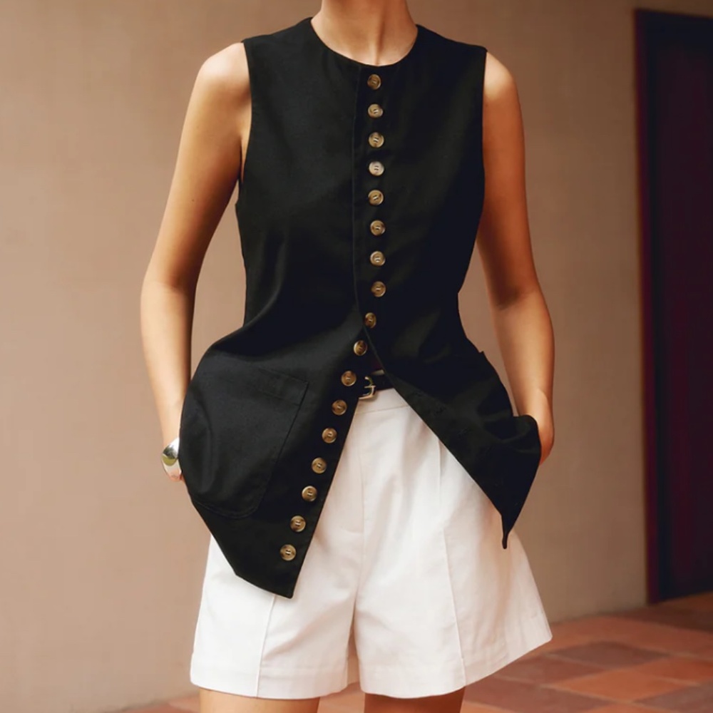 Commense Black Cotton & Linen Button-Front Vest